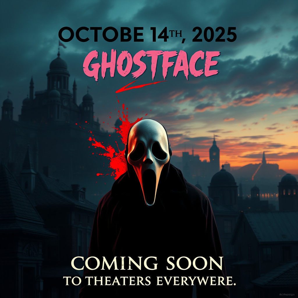 Ghostface Movie Poster: Haunted Cityscape at Dusk