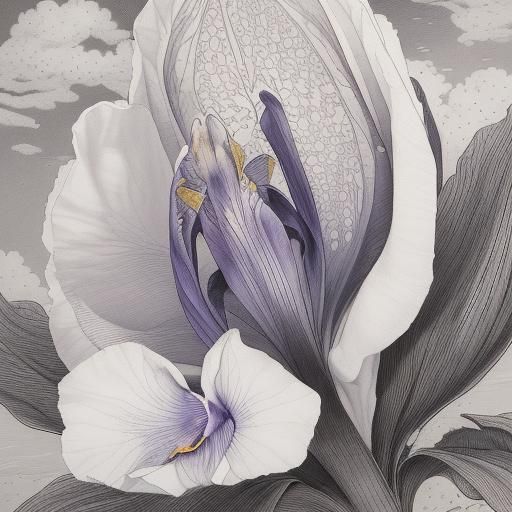 Blooming Iris Etched Ink Illustration with Colored Ink