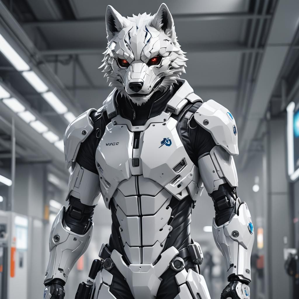 Cyberpunk Wolf Hunter in Shimmering White Suit