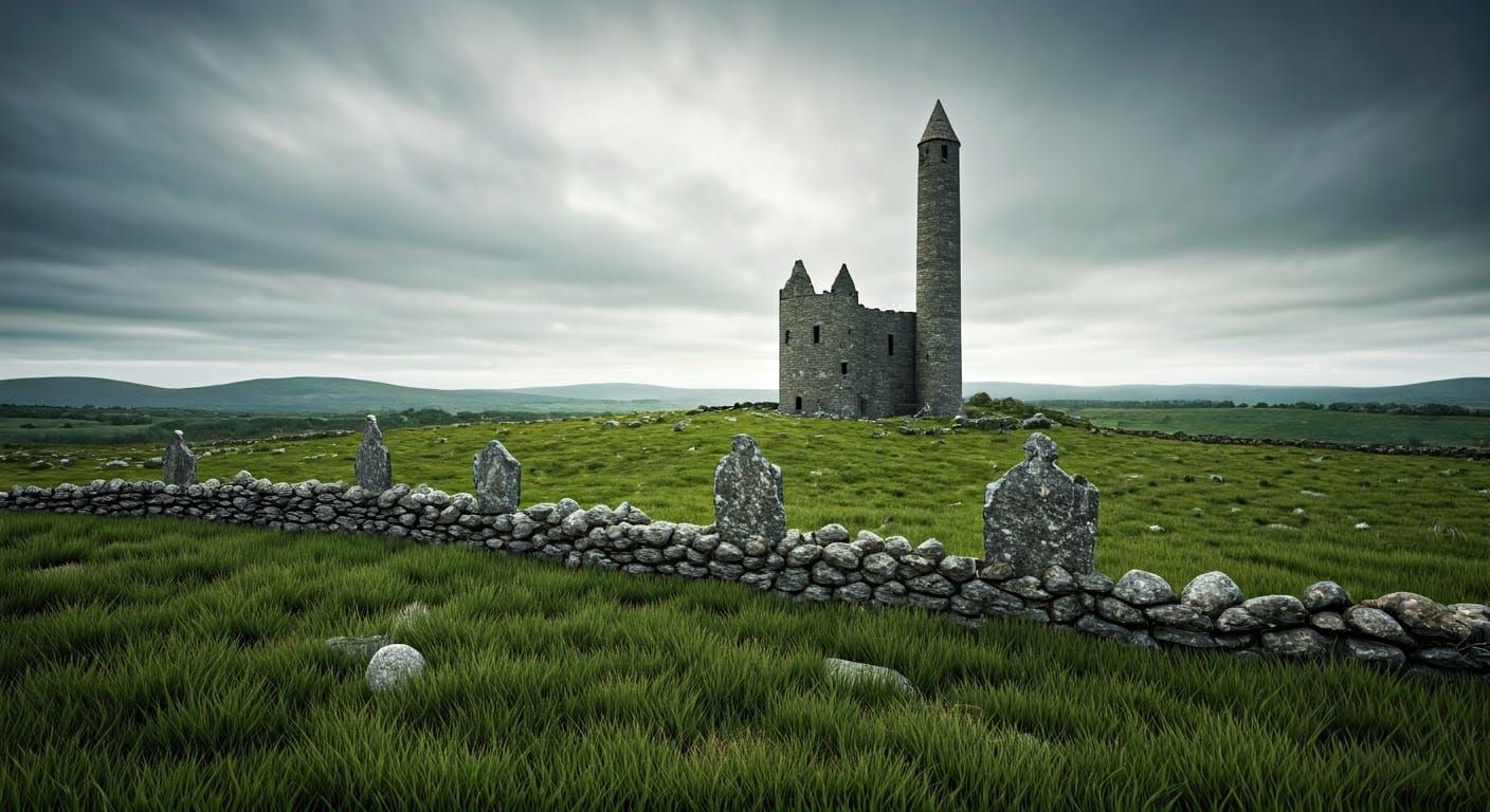 Emerald Irish Landscape with Majestic Round Tower