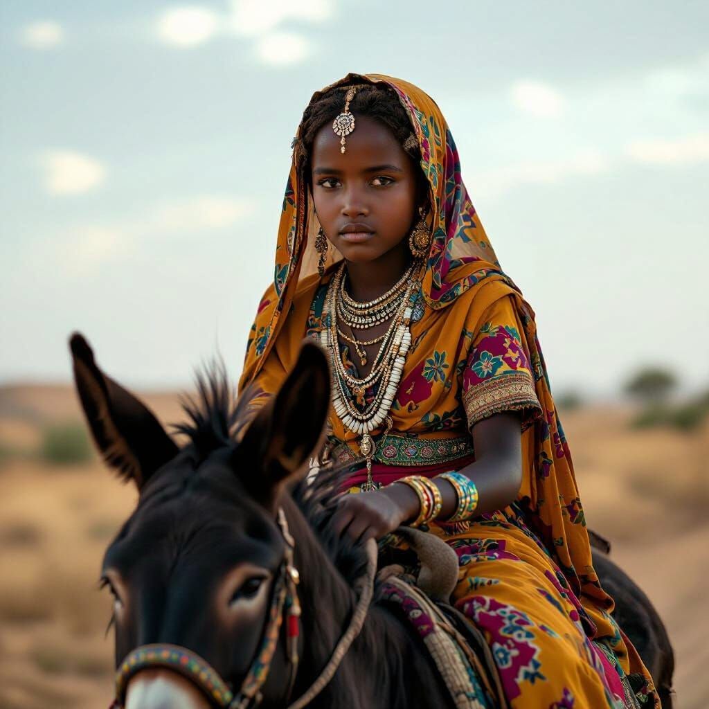 Young Sudanese Girl Rides Donkey in Cinematic Style