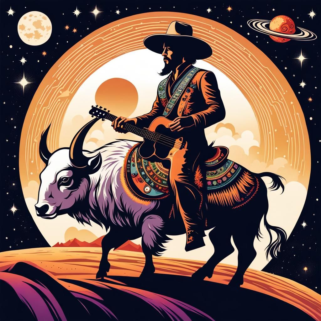 Cosmic Cowboy Rides Buffalo in Space Art