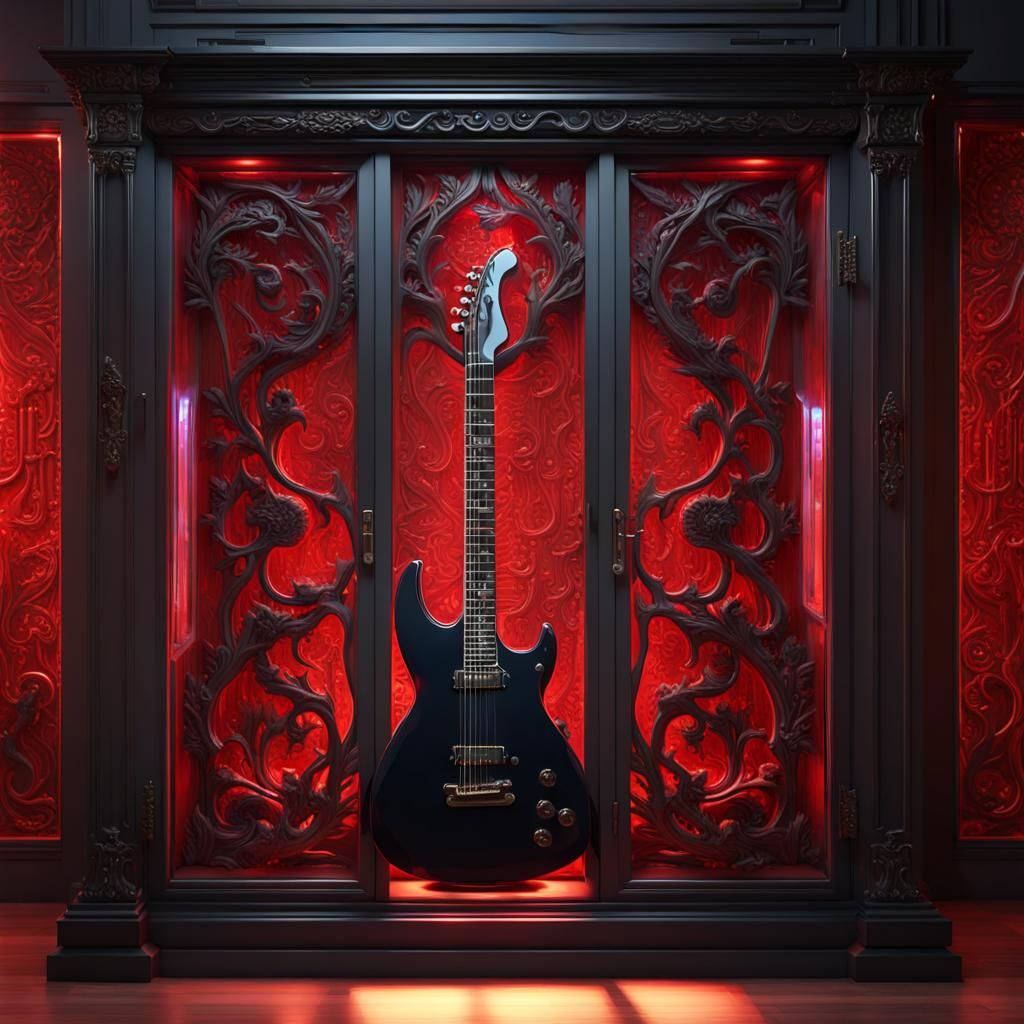 Futuristic Red-Lit Guitar in Ornate Display Cabinet