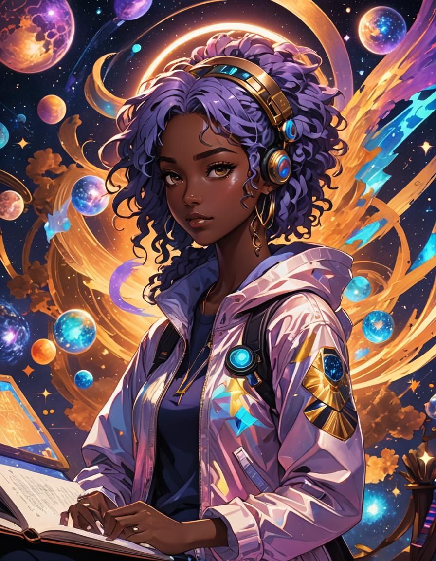 African American Girl Studying in Anime Style