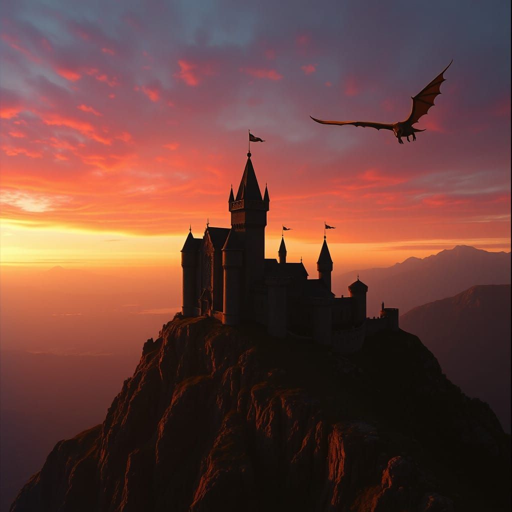 Dragon flying over castle