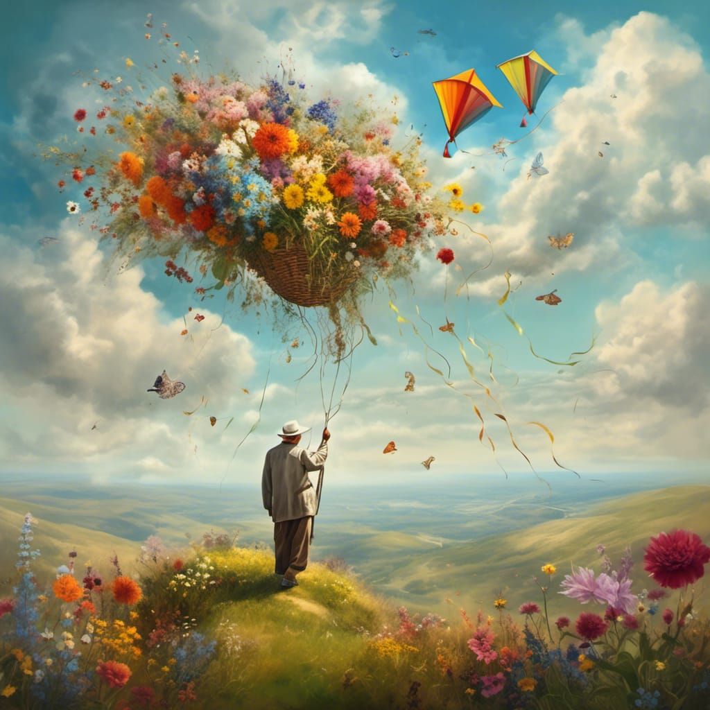 Surreal Asian Man Flies Kite on Wildflower Hill