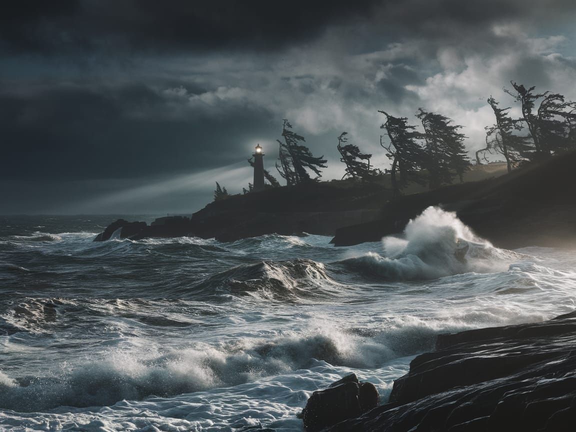 Dramatic Stormy Sea with Lighthouse at Night