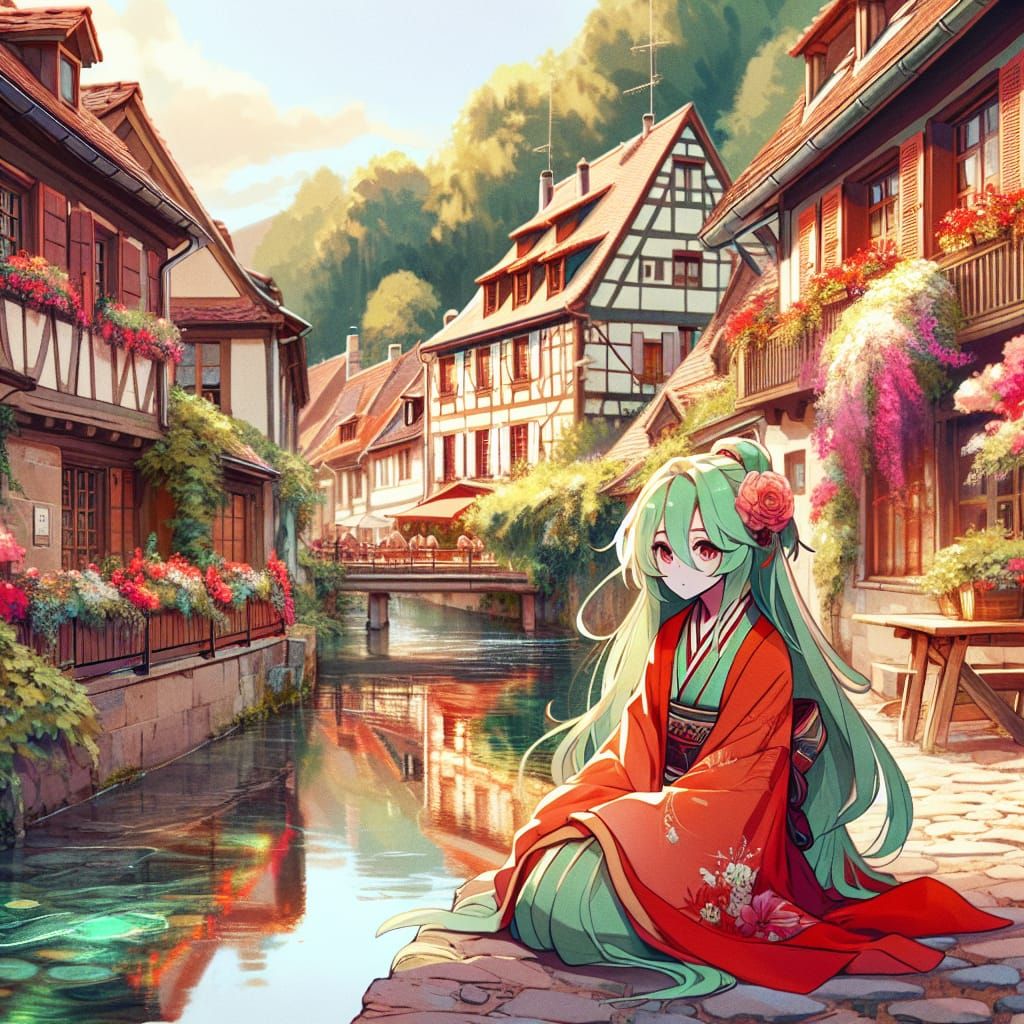 Character in Kimono in Quaint European Village