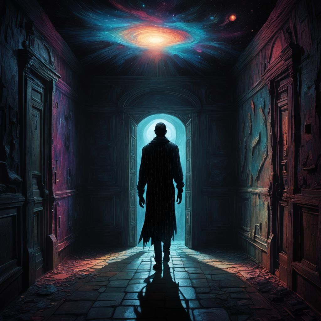 Eerie Dark Figure in Dim Hallway with Astral Energy