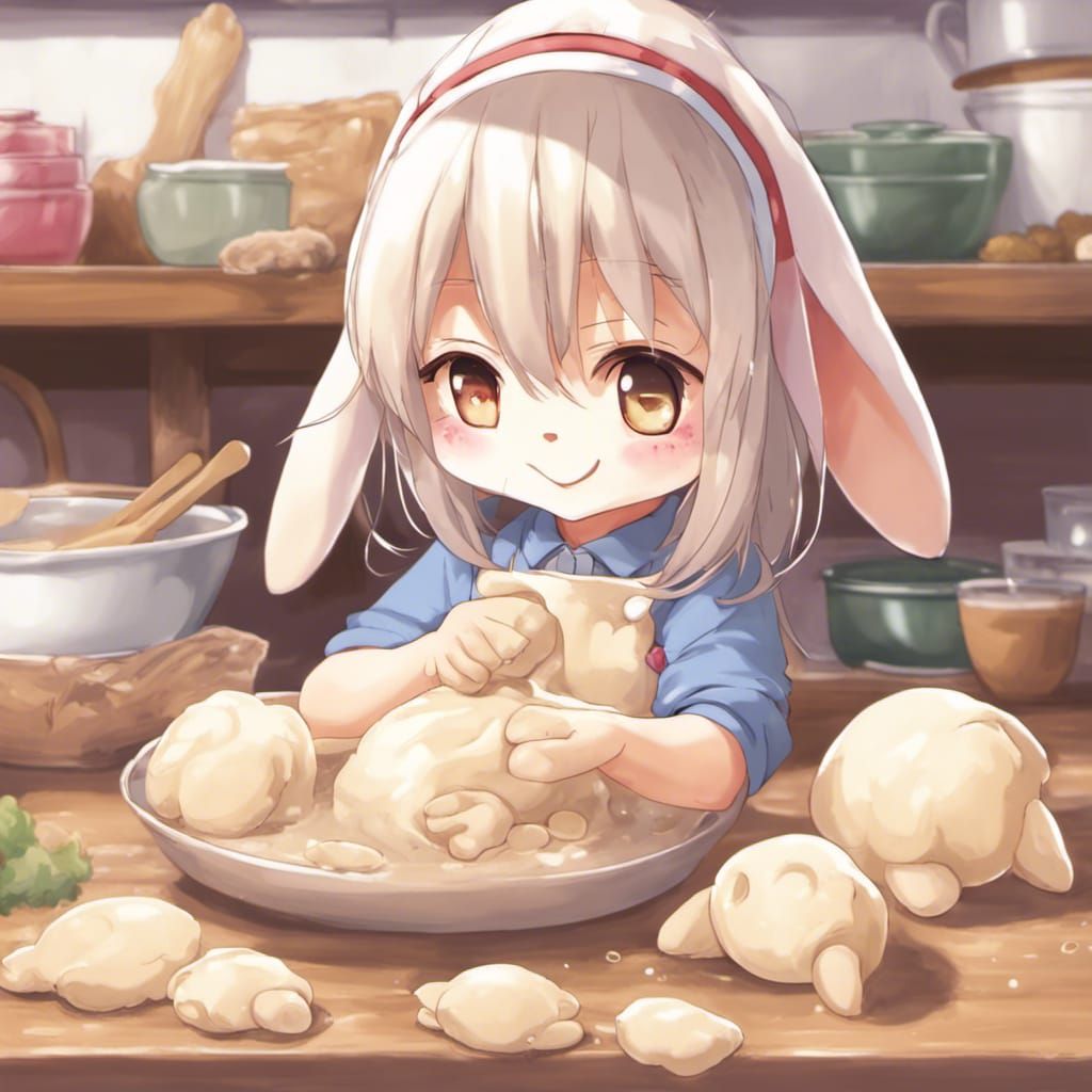 Cute Rabbit Kneading Dough in Anime Style
