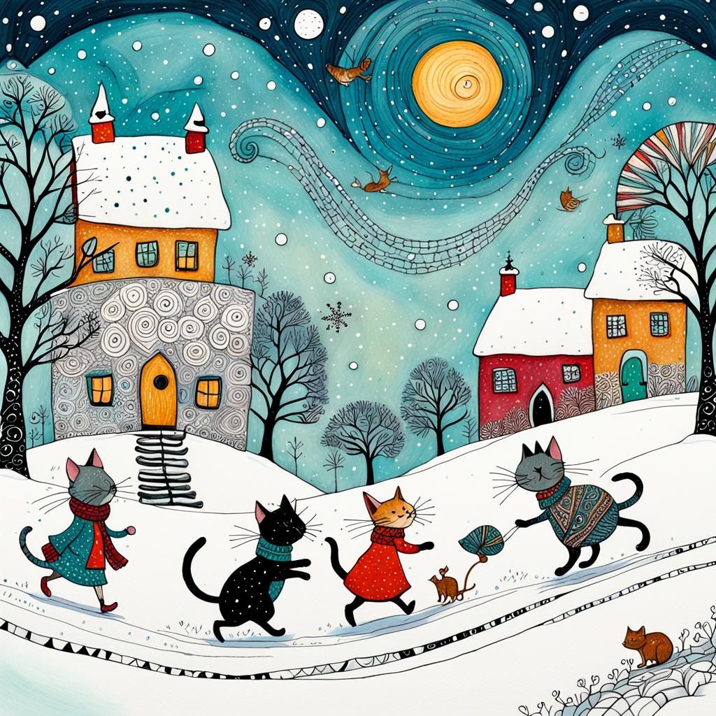 Whimsical Children Playing in Zentangle Snow