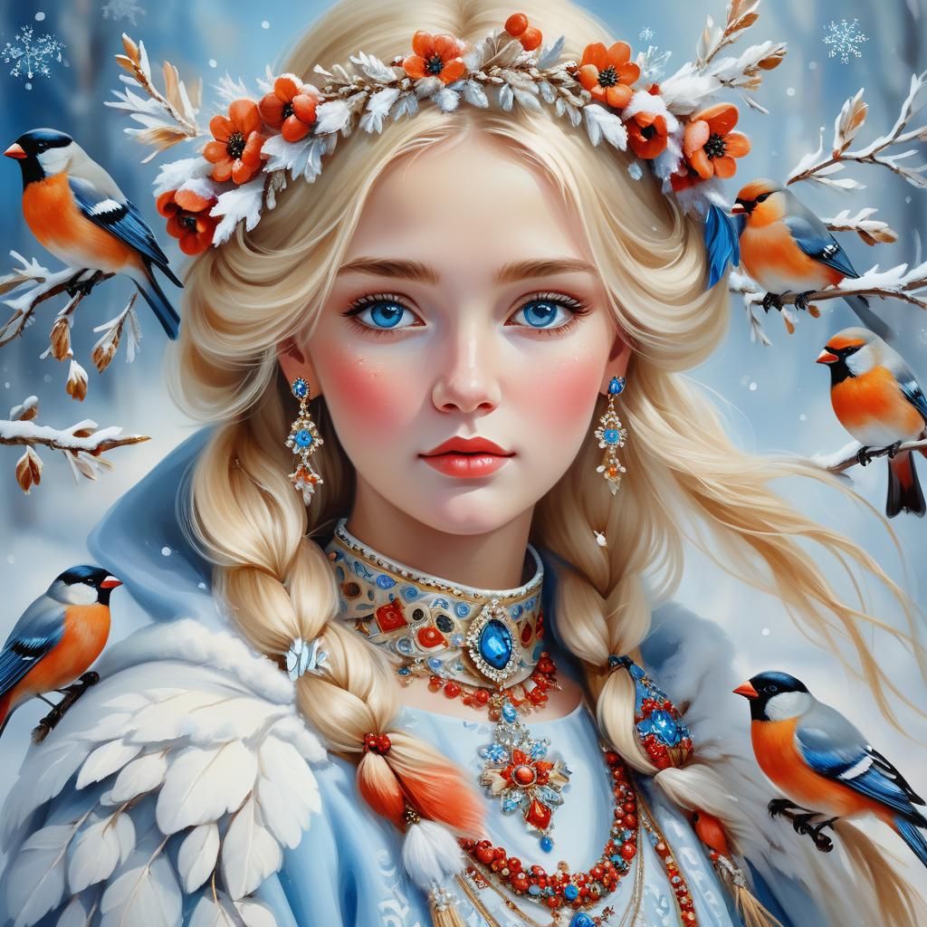 Angelic Russian Blonde with Bullfinches: Oil Painting