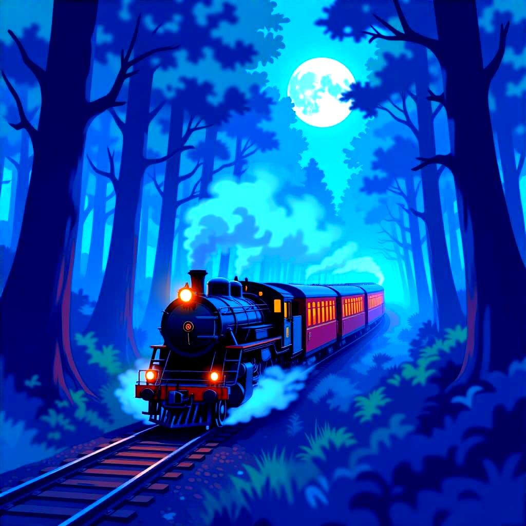 Mystical Train Journey Through Dark Forest