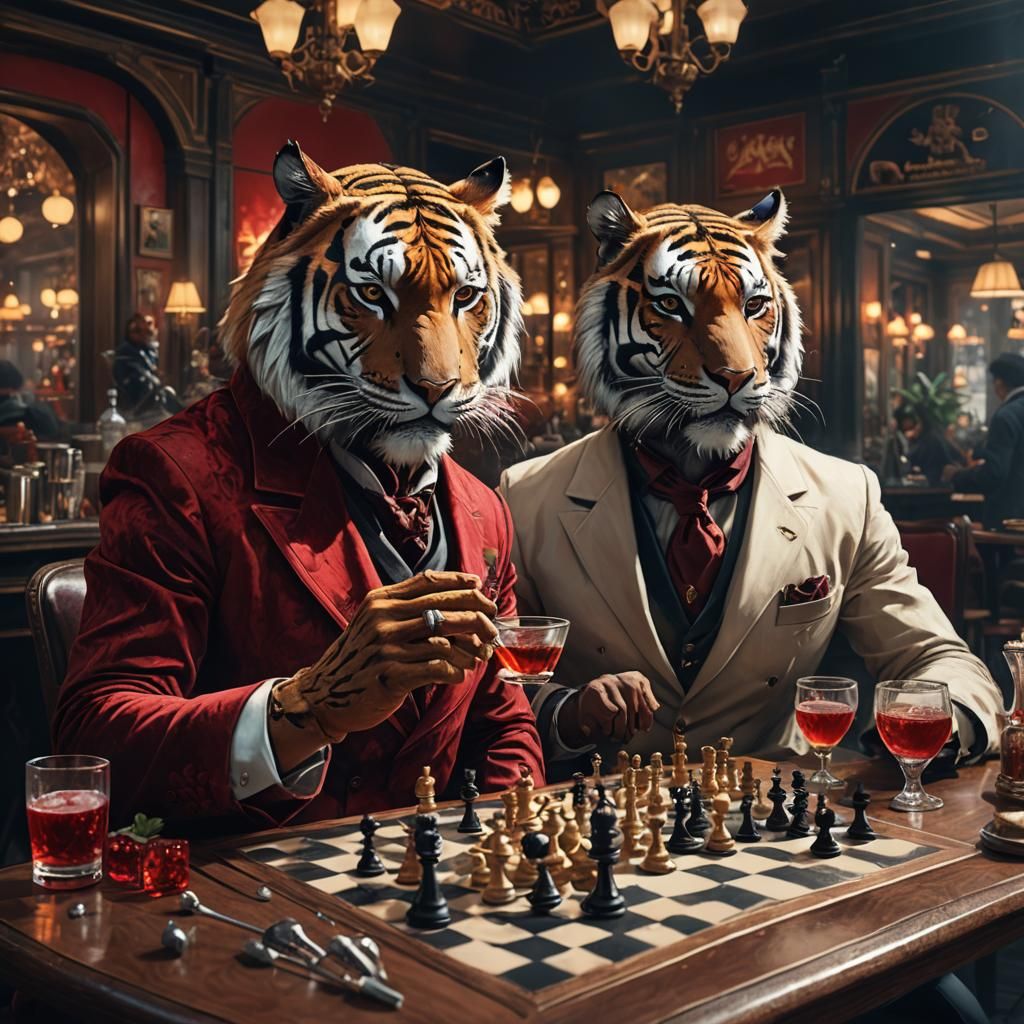 Tiger Plays Chess in Paris: Dark Fantasy Concept Art