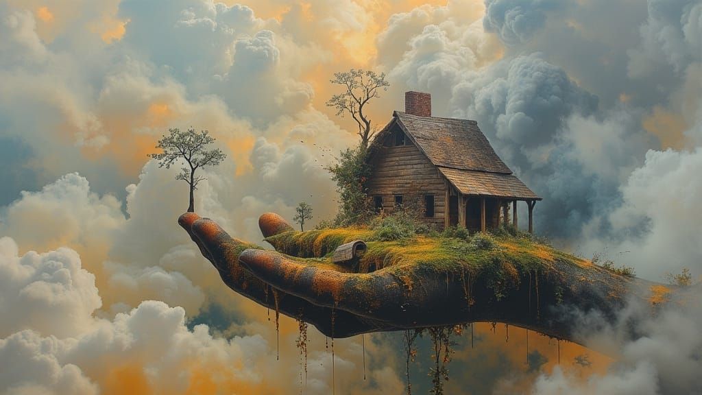 Surreal Old Farmhouse Rises from Open Hand