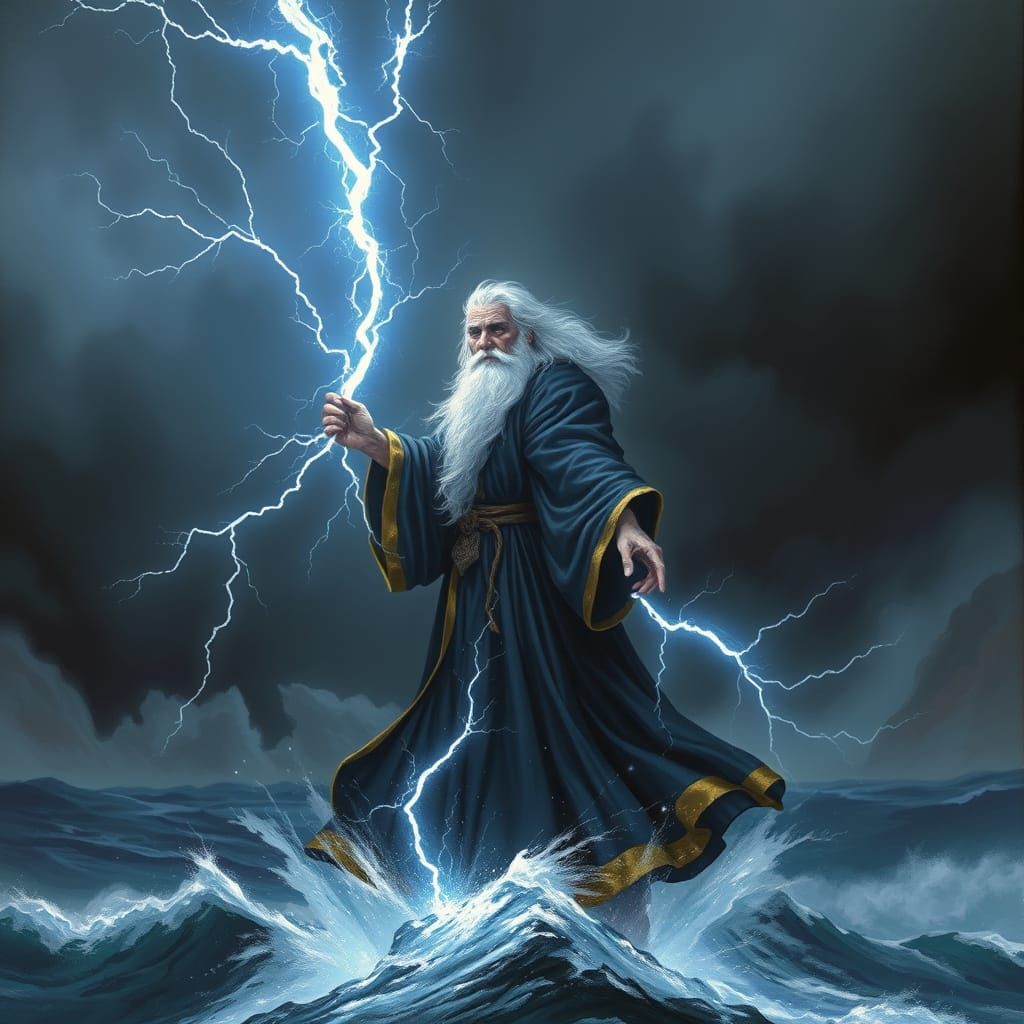 Wizard Casting Lightning Spell in Dramatic Lighting