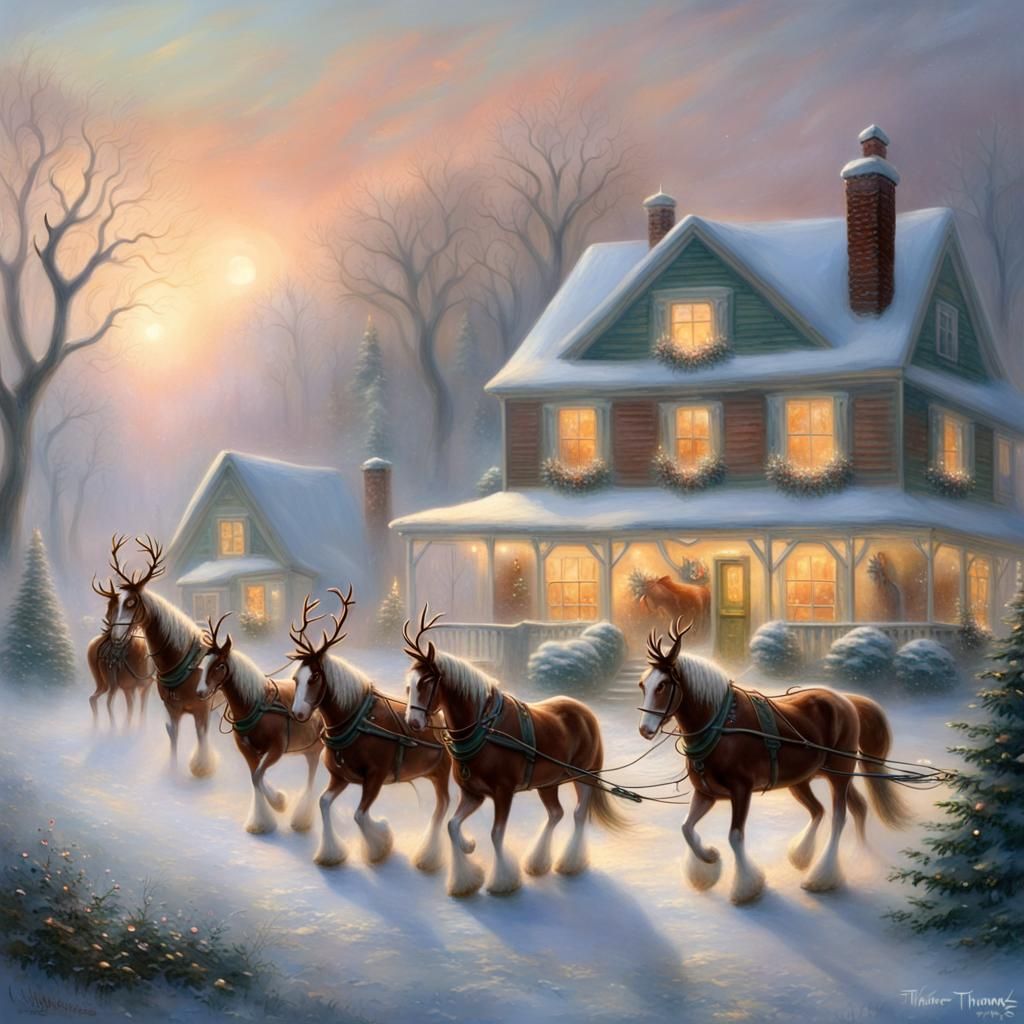 Clydesdales Prepare Santa's Sleigh: Kinkade Style