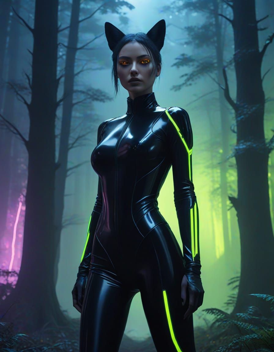 Cyberpunk Goddess in Dark Forest Majesty