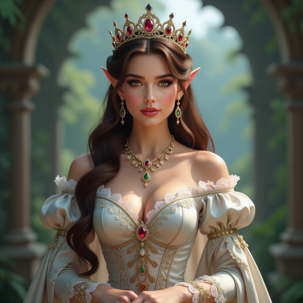 Regal Elf Queen of Wonderland in Lavish Silk Dress