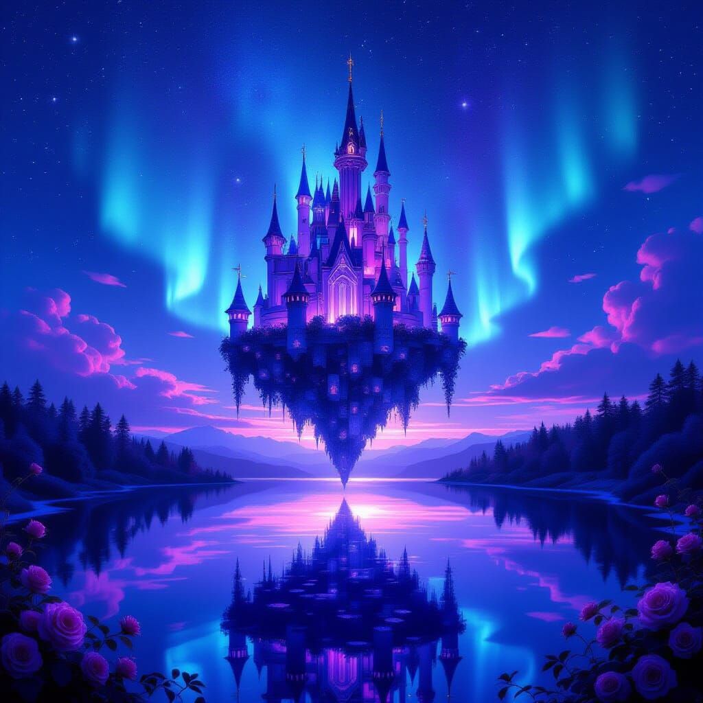 Upside Down Rose Castle in Aurora Sky