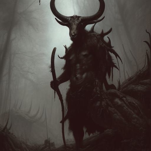Blood-Horned Goat-Man Monster in Dark Forest