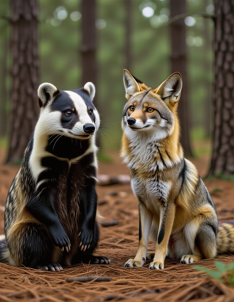 Badger and Coyote Teamwork in Forest: Pixar Style