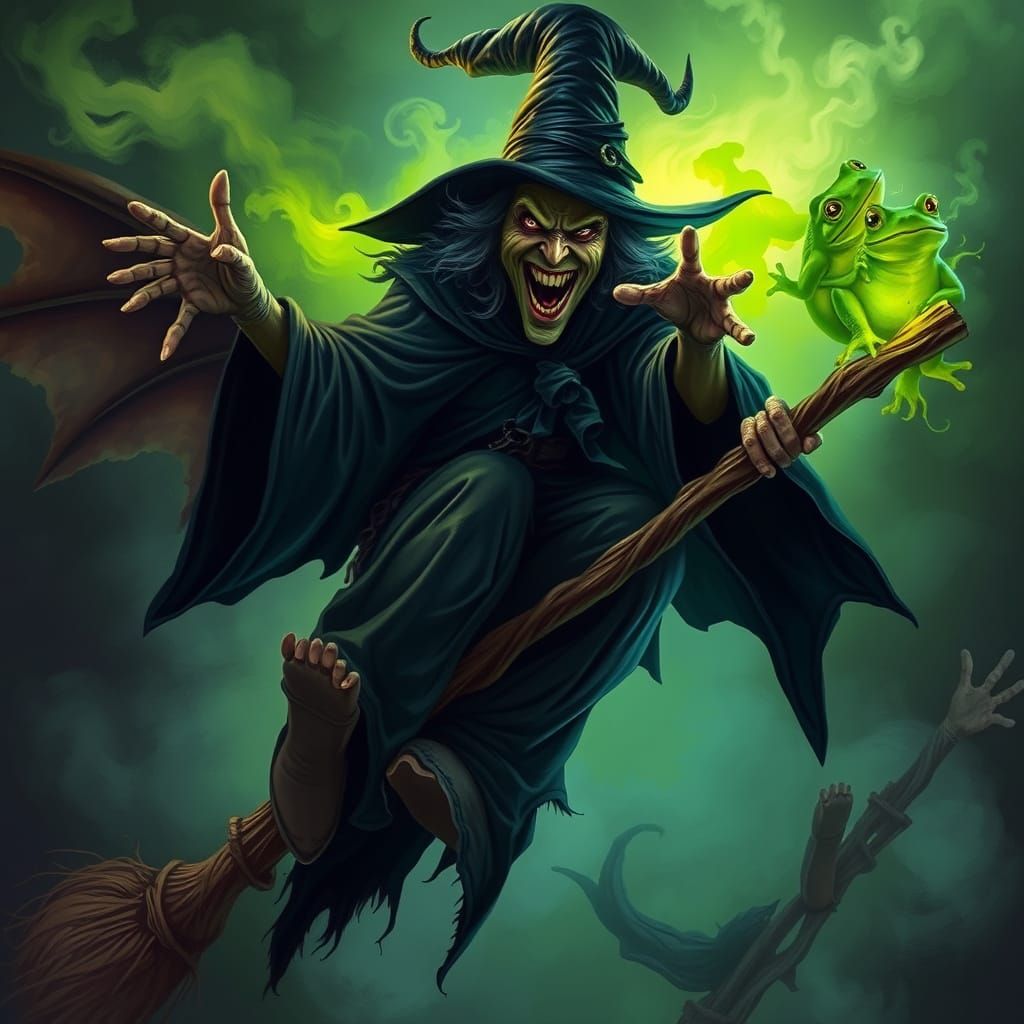 Evil Witch Cackling on Broomstick with Green Mist