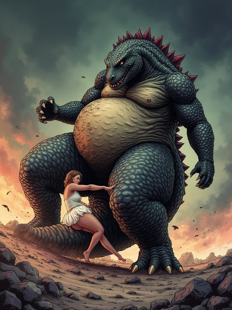 Pregnant Godzilla's Loving Embrace: A Comic Art Portrait