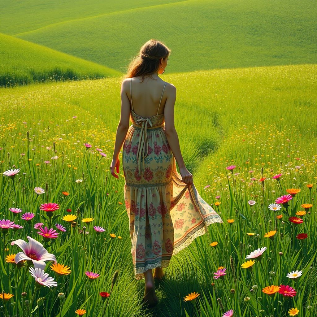 Woman in Meadow, Art Nouveau Style