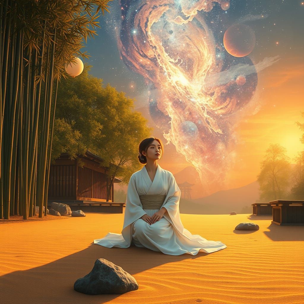 Goddess Ascends to Cosmic Sky in Japanese Art Style