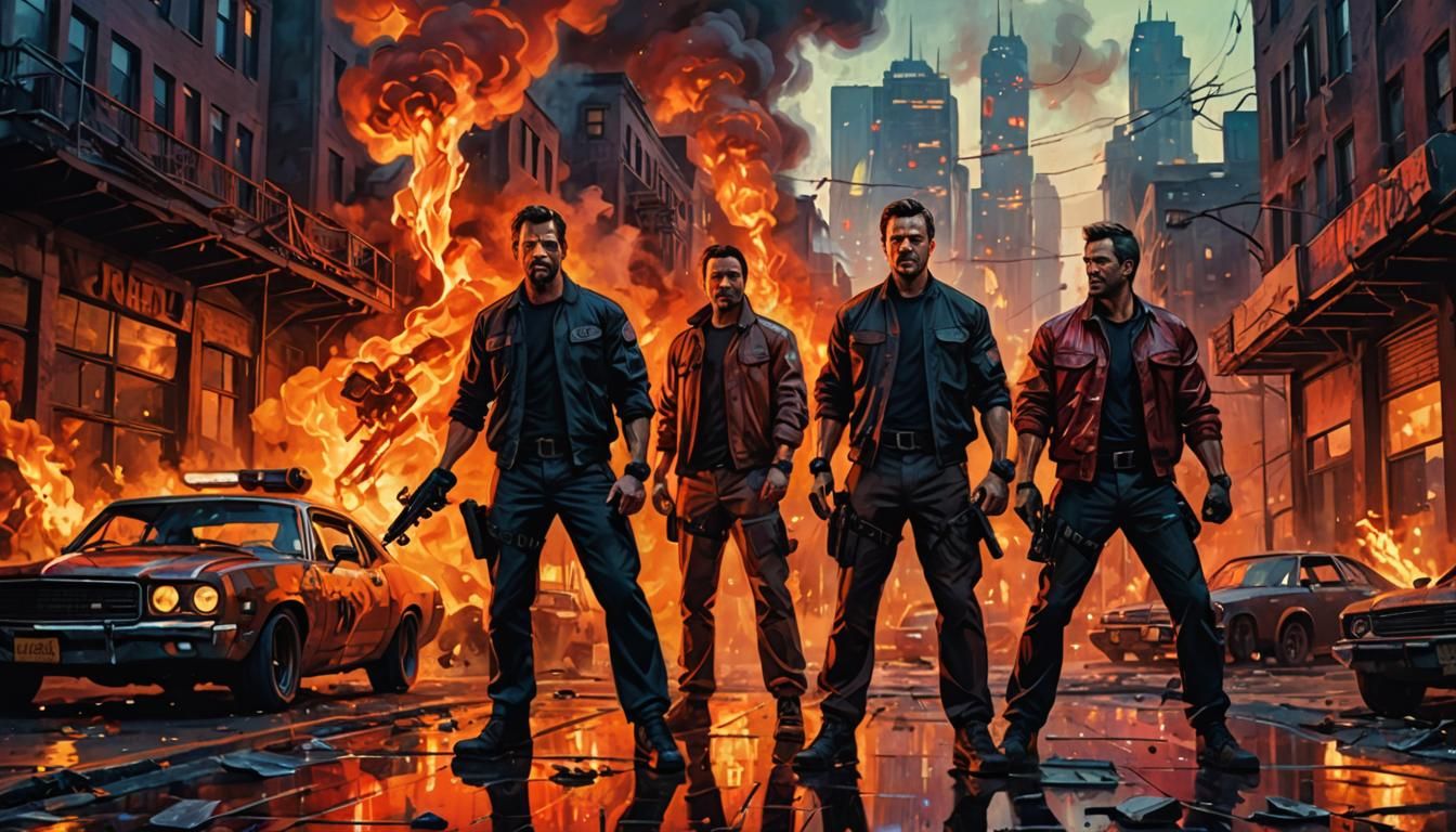 Action Heroes in Urban Landscape as Oil Painting