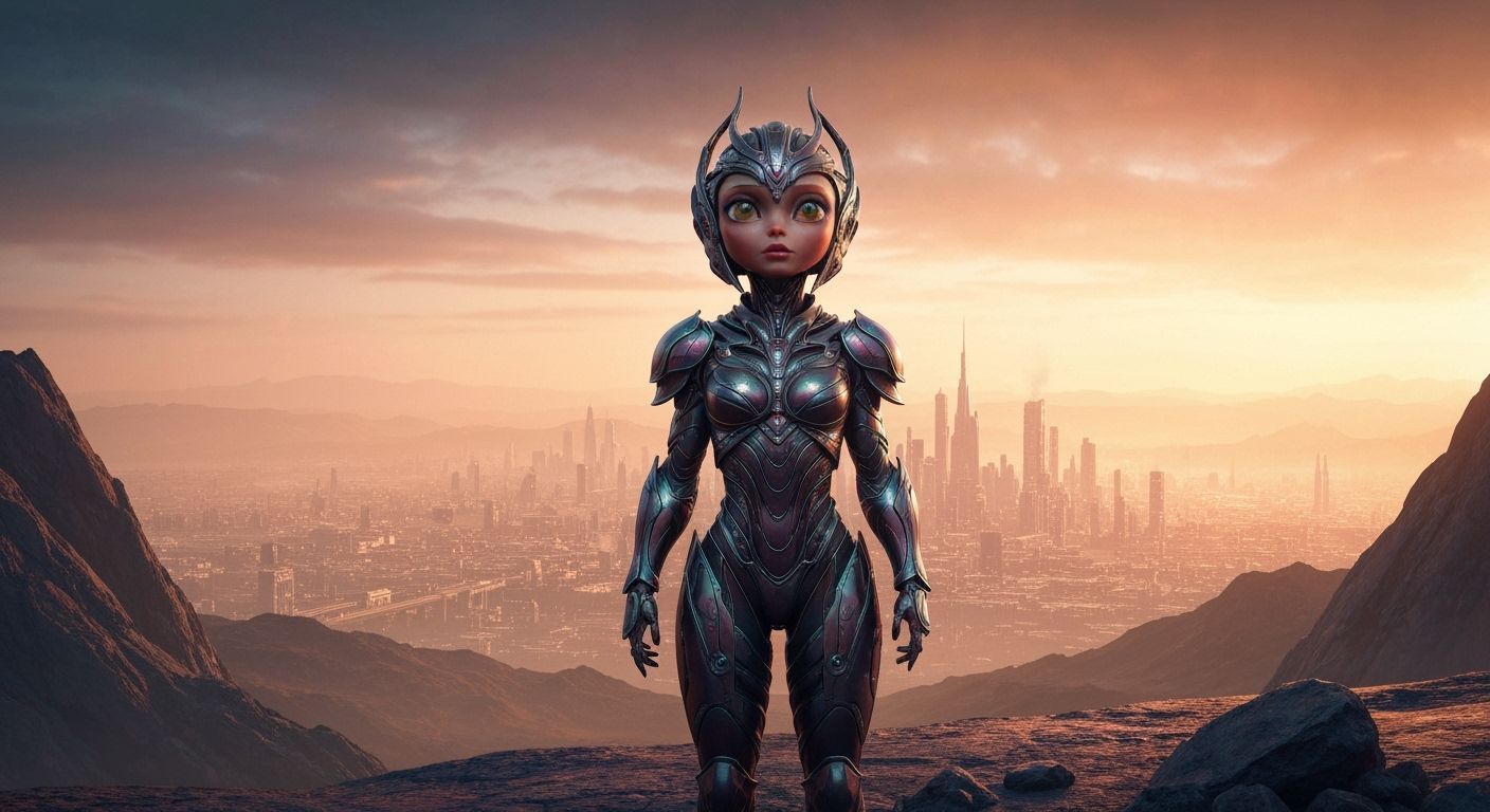 Armored Figure Overlooking Alien City at Sunset
