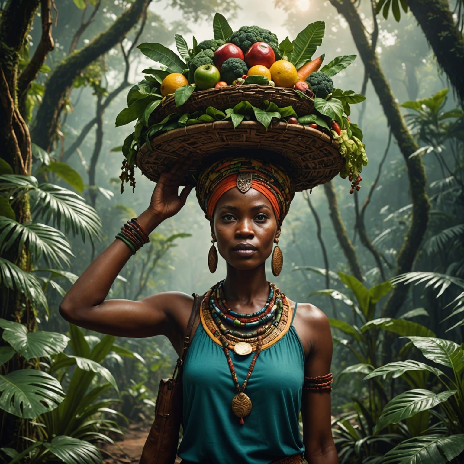 African Woman Walking in Jungle, Fantasy Art