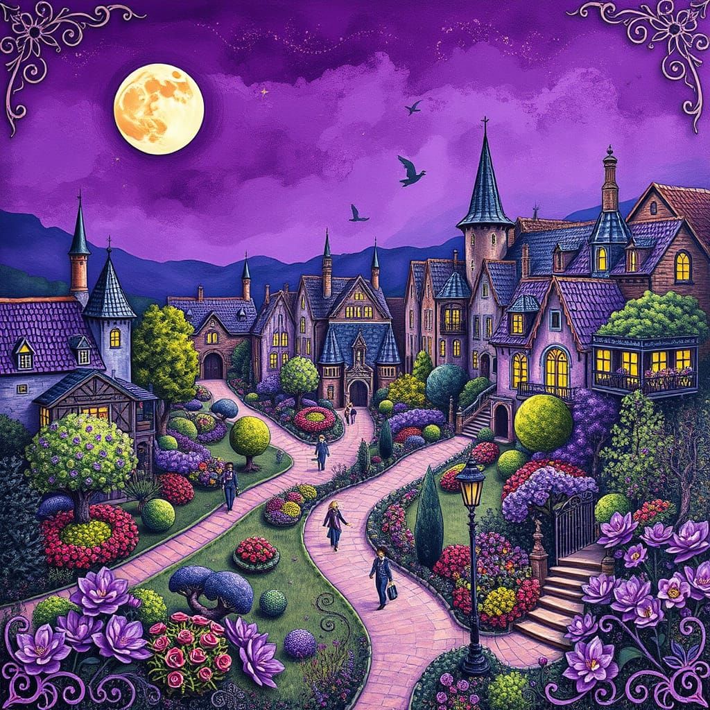 Whimsical Purple Townscape in Dark Romantic Style