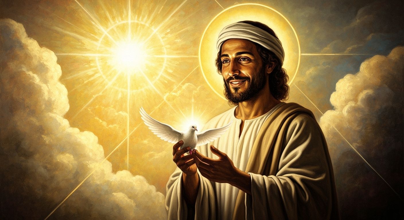 Man Holding Glowing Dove in Heavenly Realm