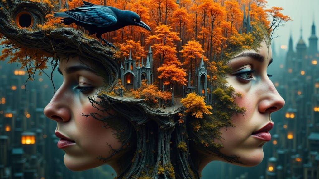 Autumn Double Exposure: Woman, Nature, and Raven