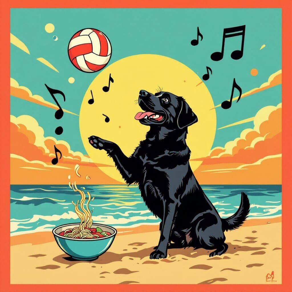 Labrador Playing Volleyball with Ramen and Music Notes in Po...