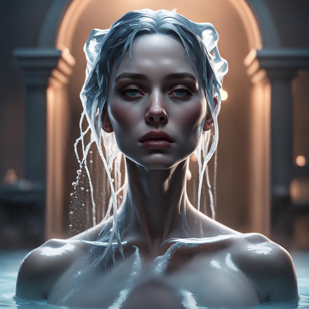 Icy Woman Portrait in Shower, Hyperdetailed Art