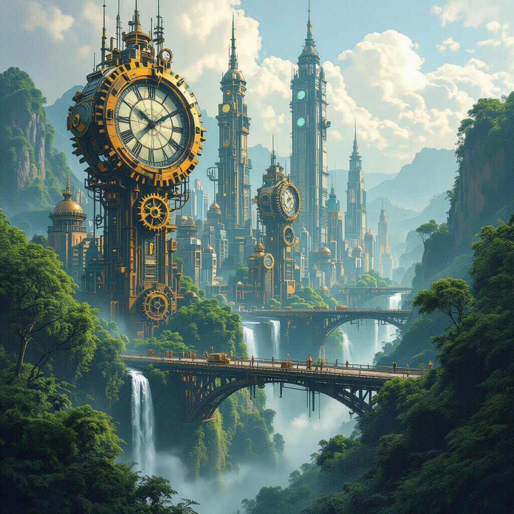 Clockwork Cityscape in Tropical Rainforest, Digital Painting