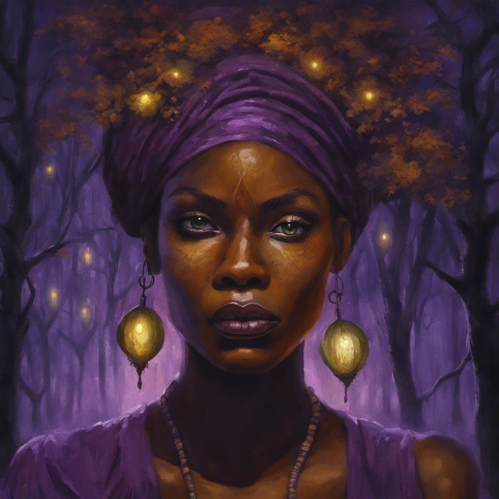 Voodoo Woman in Bayou at Night in Dark Academia Style