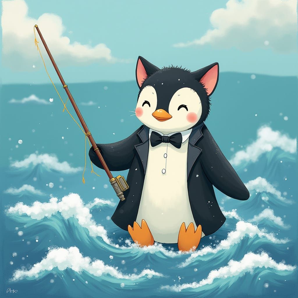 Whimsical Feline Penguin Plays on Icy Shore in a Dreamy Fant...