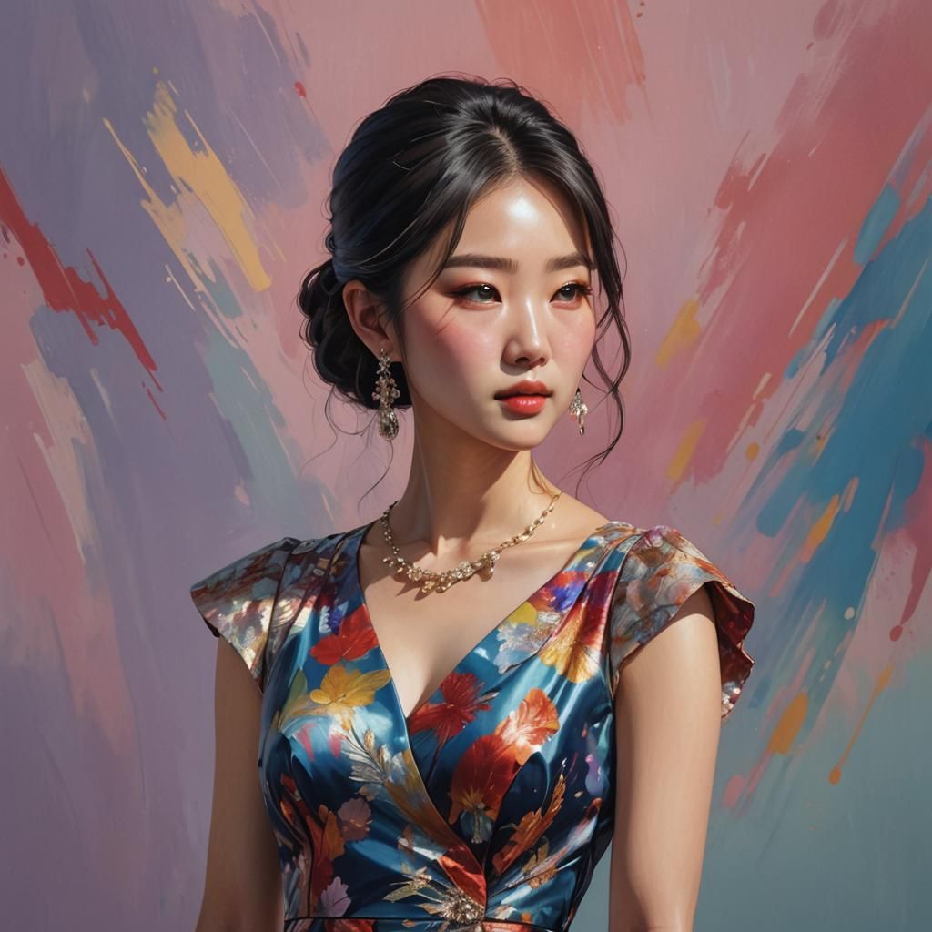 Korean Girl Attends Charity Event: Hyperrealistic Splash Art