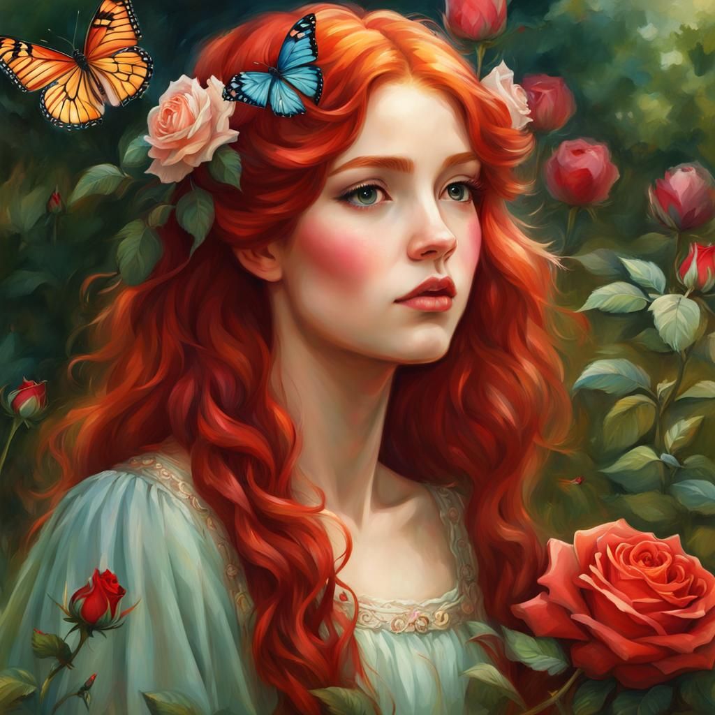 Red-Haired Girl with Butterfly in Rose Garden