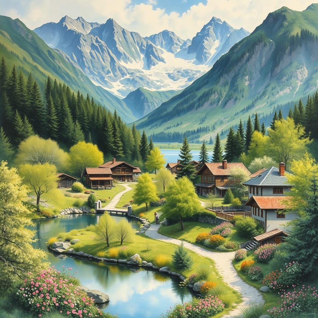 Breathtaking Gouache Spring Village Amidst Majestic Mountain...