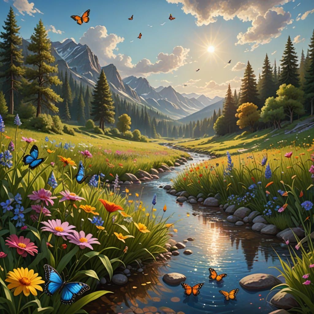 Hyperrealistic Meadow with Wildflowers and Butterflies