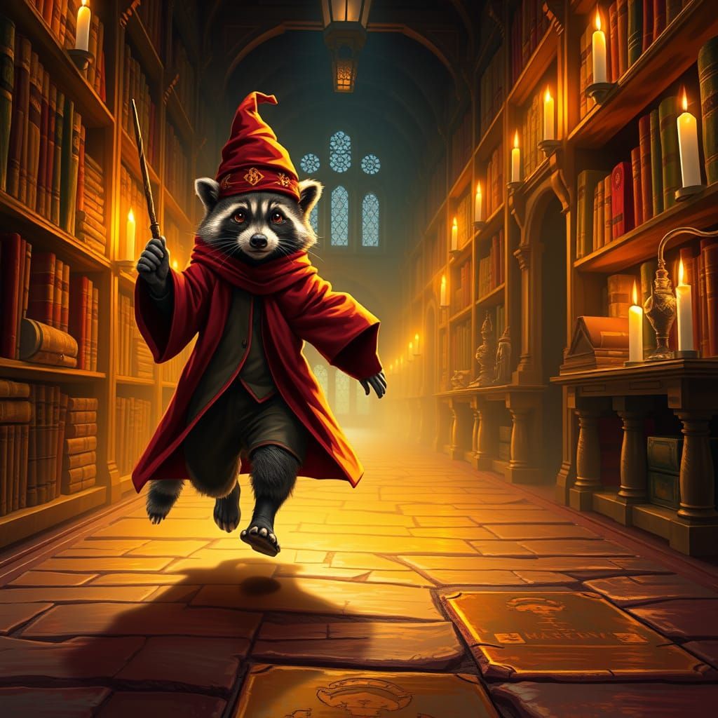 Harry Potter and a Mischievous Raccoon in Hogwarts' Corridor...