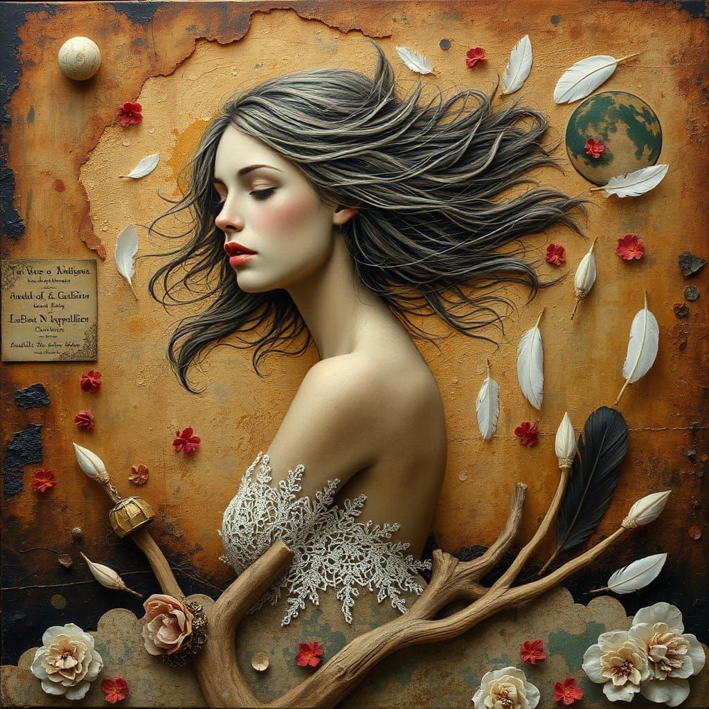 Ethereal Woman Emerging from Earth, Mixed Media Collage