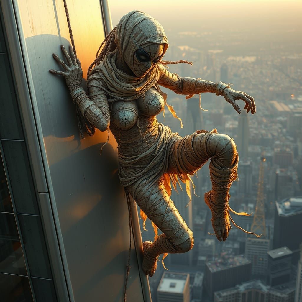 Mummified Spider-Woman Ascends Gothic Skyscraper in Ethereal...