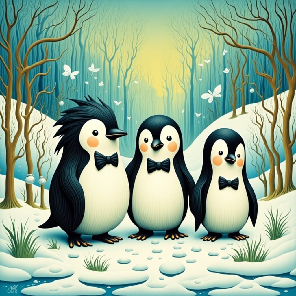 Whimsical Penguins on Ice in Watercolor Style