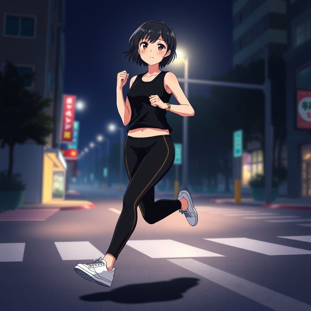 Anime Woman Running at Night in Sports Outfit